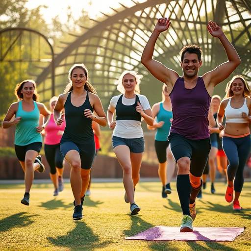 A diverse group of people participating in a fitness class outdoors, including running, yoga, and weightlifting, symbolizing the variety of exercise options.