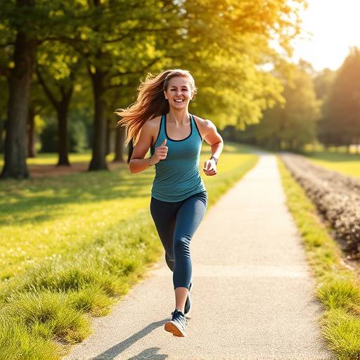 A vibrant woman joyfully jogging along a scenic park trail, radiating health and vitality.